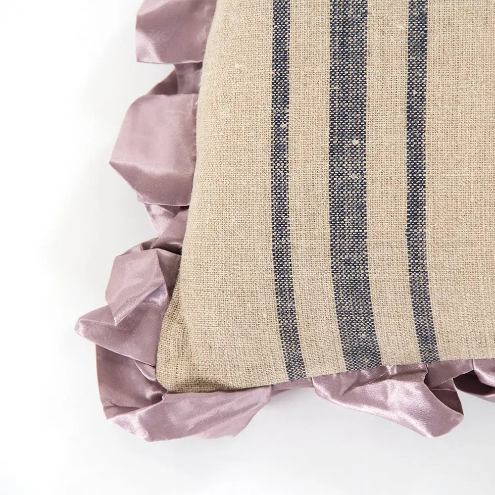 The Zentique P11 #4 Skirted Pillow / Lavender features a beige textured cover with navy blue stripes and a ruffled satin trim; measures 22" x 22" and is shown on a white background.