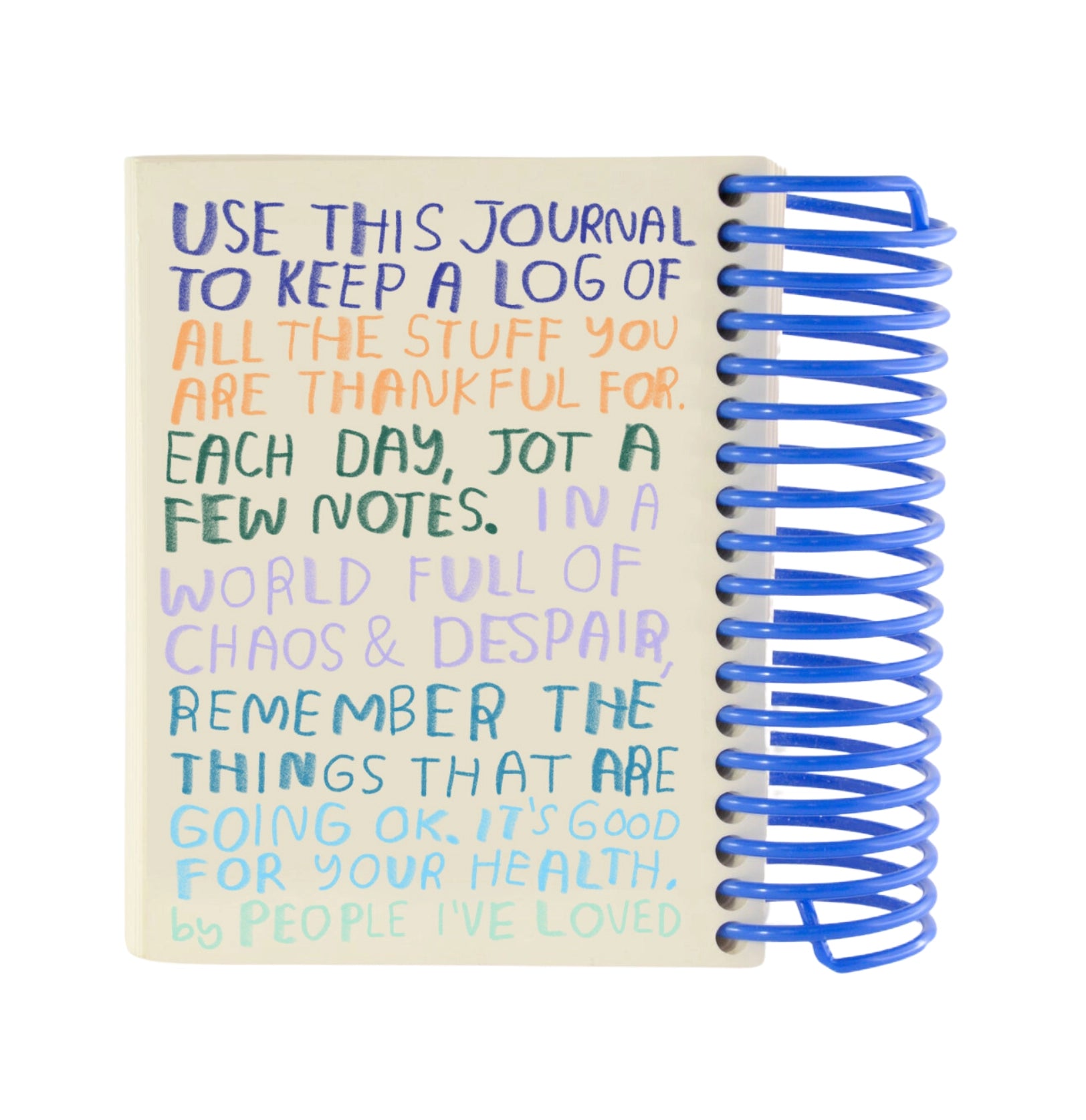 The Faire Gratitude Journal is a spiral-bound notebook made in the USA with a colorful cover that encourages daily notes of thankfulness: “Use this journal to keep track of what you’re thankful for, even when life feels chaotic.”.