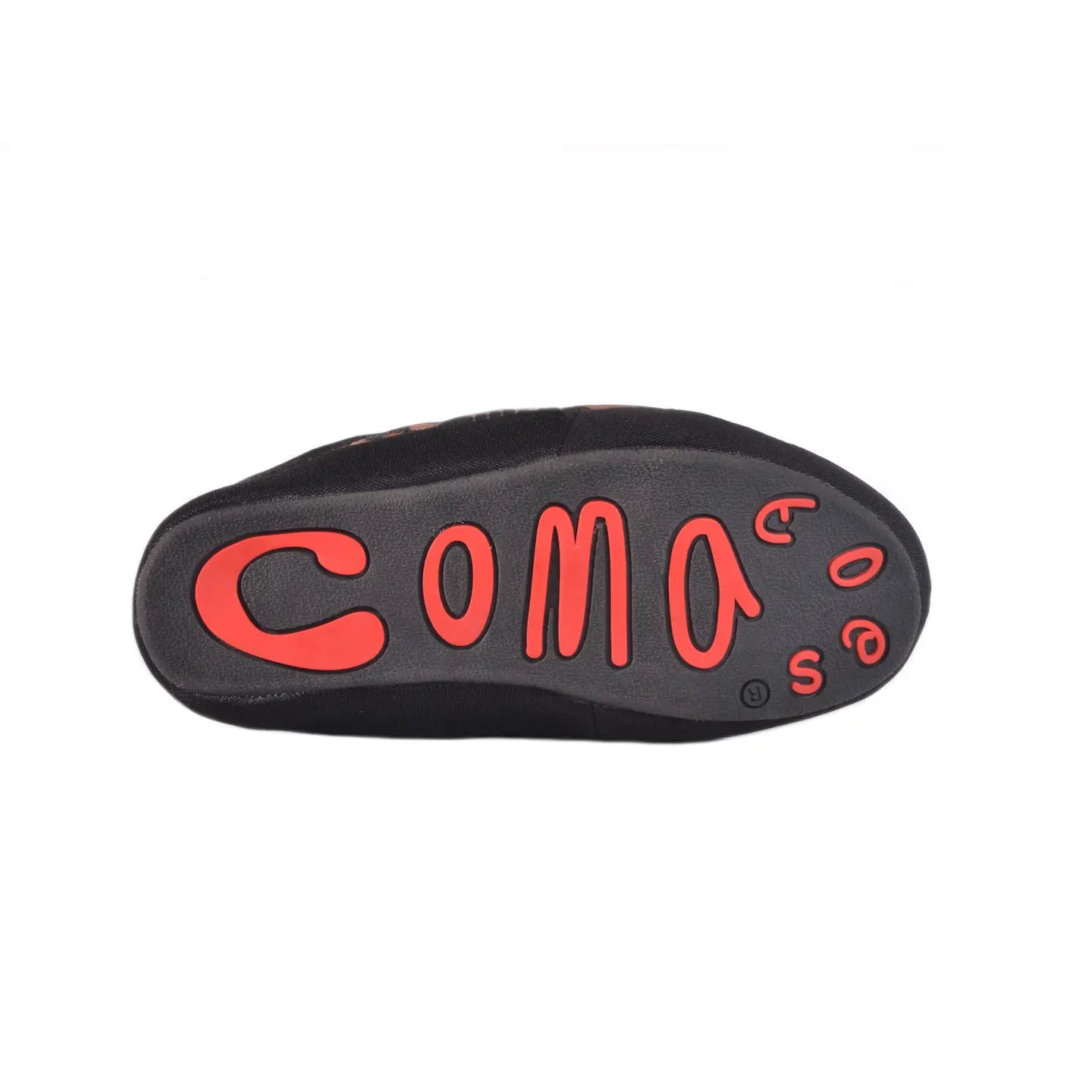 The black Coma Toes lounge slipper by Faire features &quot;COMA&quot; and playful red letters spelling &quot;s o e s&quot; creatively arranged on the sole.