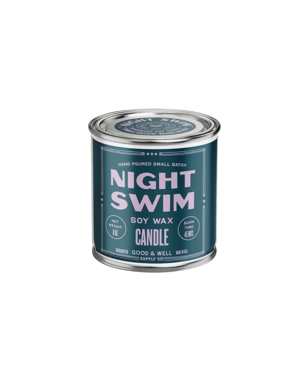 A teal tin labeled "G&W Soy Candle" from Faire features pink and white text, scent notes, "Hand Poured Small Batch," "Burn Time 45 hrs," and "8 oz." The bottom of the candle displays the Good & Well Supply Co. name.