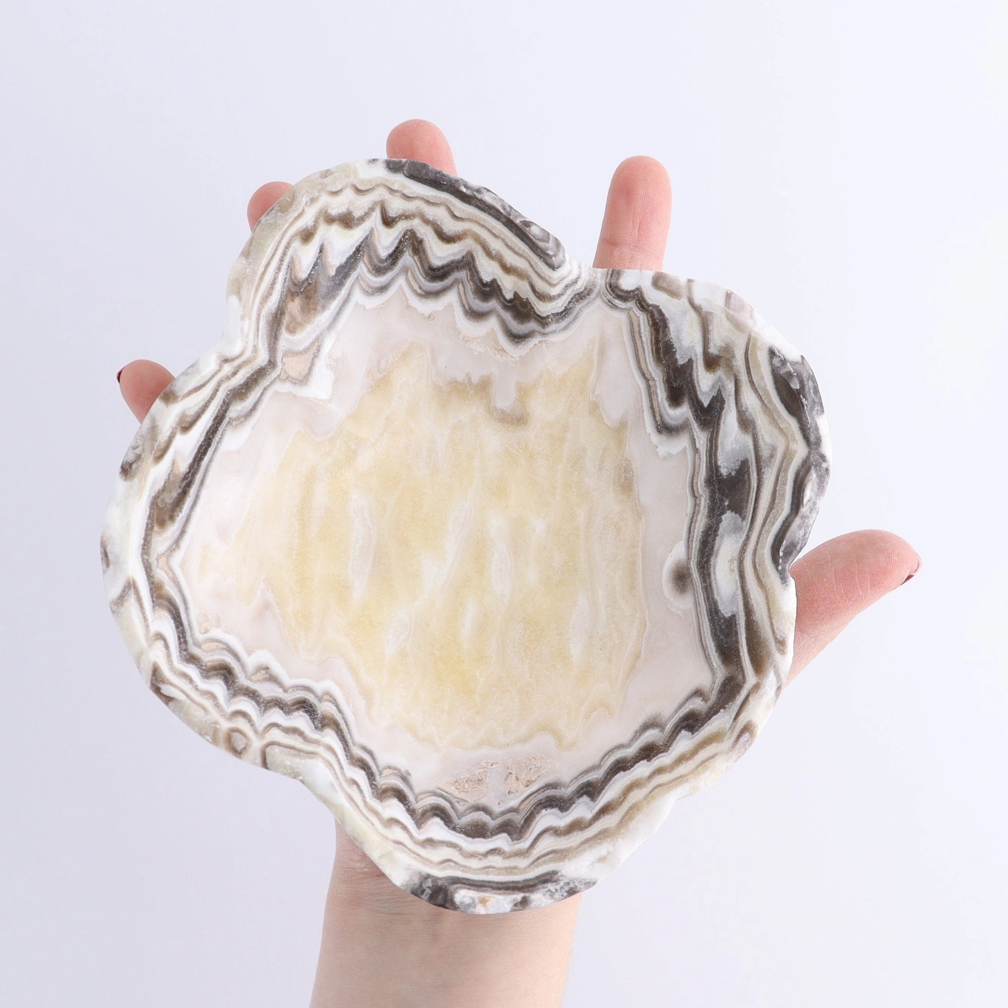 Mexican Onyx yellow and white zebra-striped bowl by Faire, bold pattern, shown in hand against a white background.