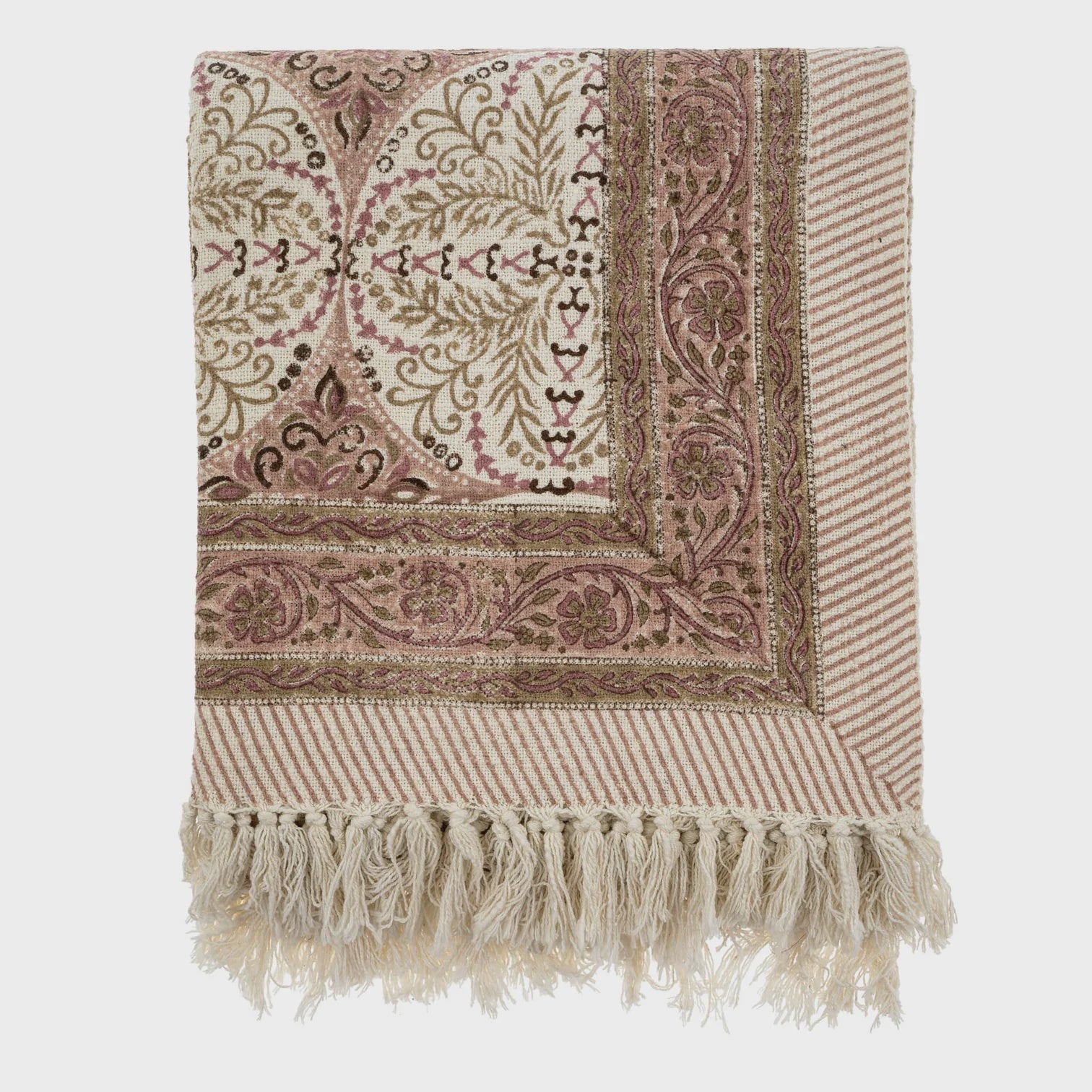 The folded tablecloth from Indaba showcases an intricate design with circular and floral patterns in brown and beige tones. The edges feature a striped pattern, while the bottom is adorned with hand-knotted beige fringes, highlighting a traditional printing process.