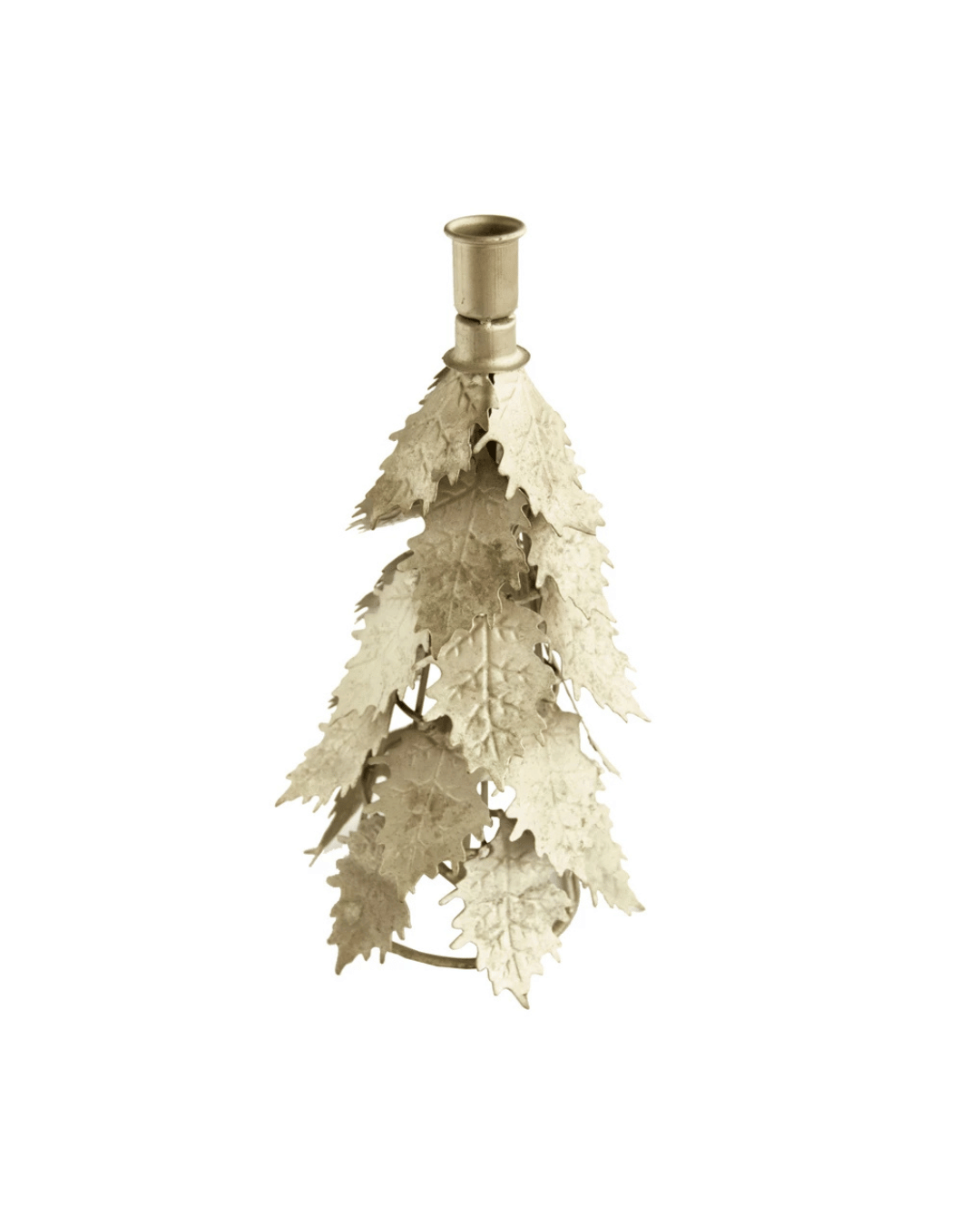 The Creative Co-op Silver Taper Holder Leaves 11" features a tree-shaped design with metal leaves cascading downward, forming a textured and layered appearance. Its distressed silver finish provides an elegant touch, and the open top is ideal for holding a candle.