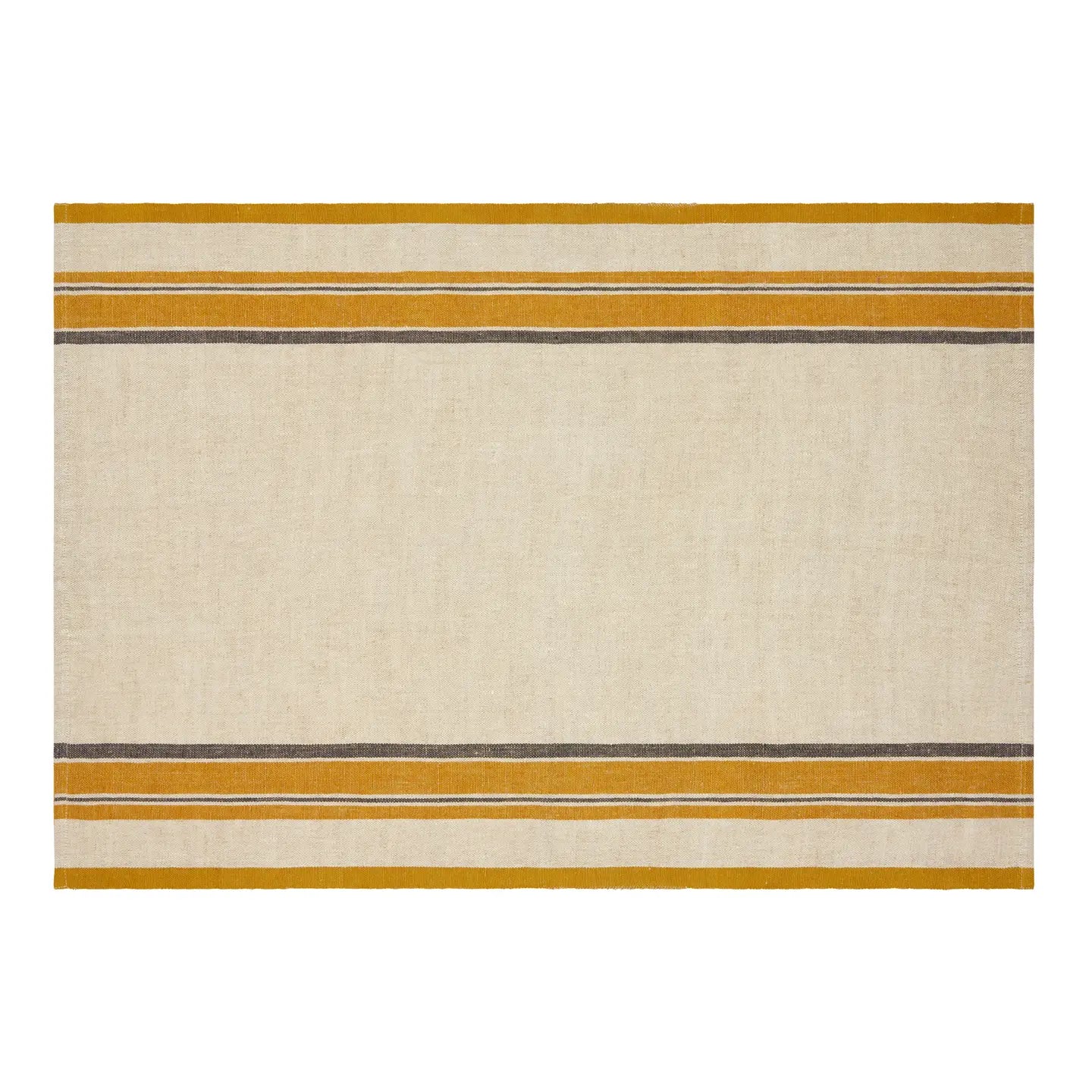 The CH Tea Towels S/2 by Faire are rectangular beige tea towels with horizontal mustard yellow and dark brown stripes near the edges, inspired by French country style, shown on a white background.
