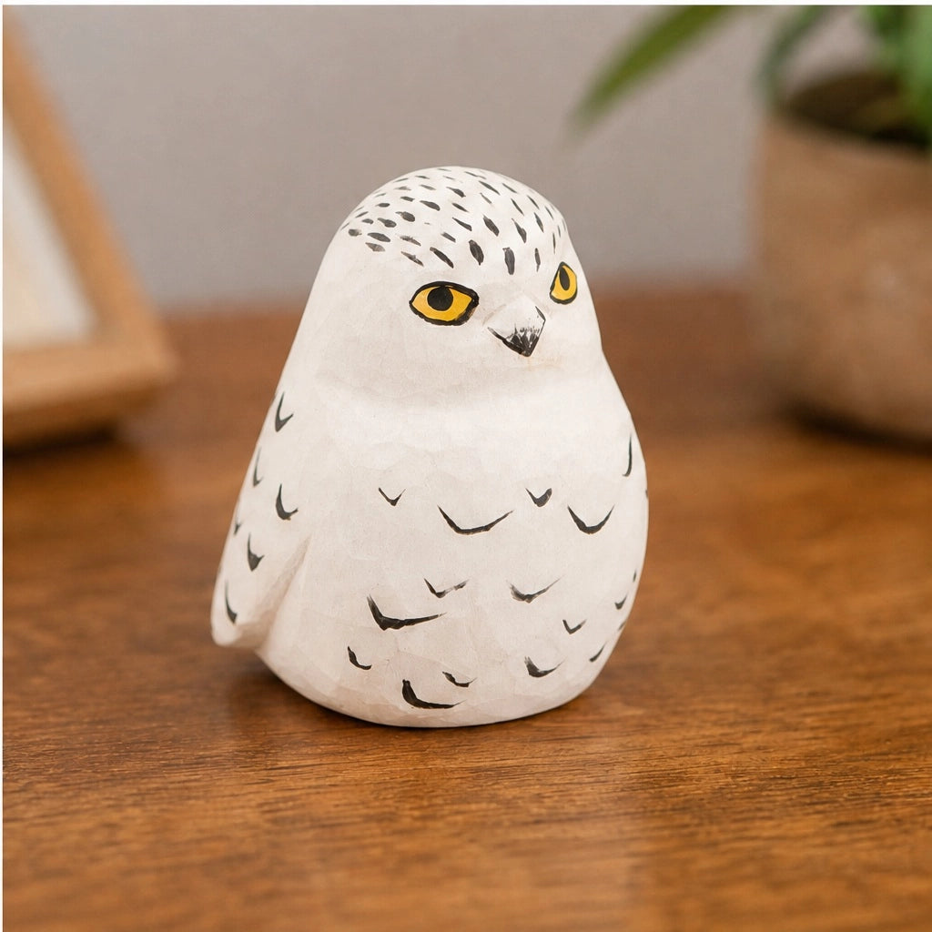 Hand-carved wood songbird figurine by Faire displayed on wooden surface, ideal for nature-inspired decor.