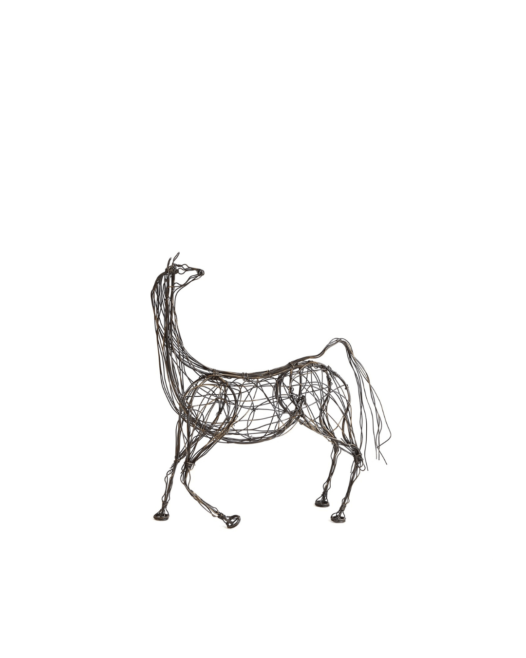 The Ming Dynasty Horse-Antique Bronze-Small by Global Views features a wire-sculpted design of a horse with a raised head and elongated neck, crafted from twisted and interwoven metal wires to capture motion and elegance against a white background.