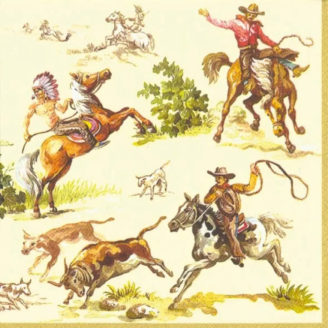 Lively Western scene of cowboys and a Native American on horseback lassoing cattle, with dogs running alongside—perfect for parties! Add this colorful design to your Boston Cocktail Napkins by Faire.