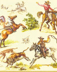 Lively Western scene of cowboys and a Native American on horseback lassoing cattle, with dogs running alongside—perfect for parties! Add this colorful design to your Boston Cocktail Napkins by Faire.