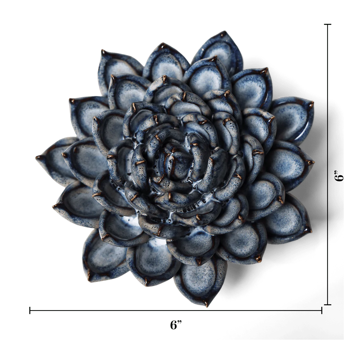 The Large Succulent Blue Grey by Chive Ceramics (thru Faire) is a 6"x6" ceramic decor piece in dark blue, shown from above on white with measurement lines—perfect as handmade pottery or boho plant wall decor.