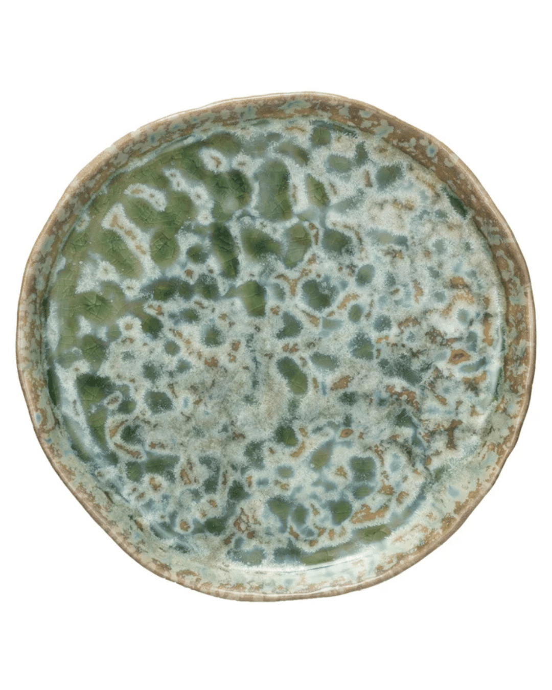 The Crackle Glaze Plate by Creative Co-op is a round stoneware plate with a textured surface and mottled green-blue hues, enhanced by a reactive crackle glaze for depth. Its slightly uneven edges add a rustic touch.