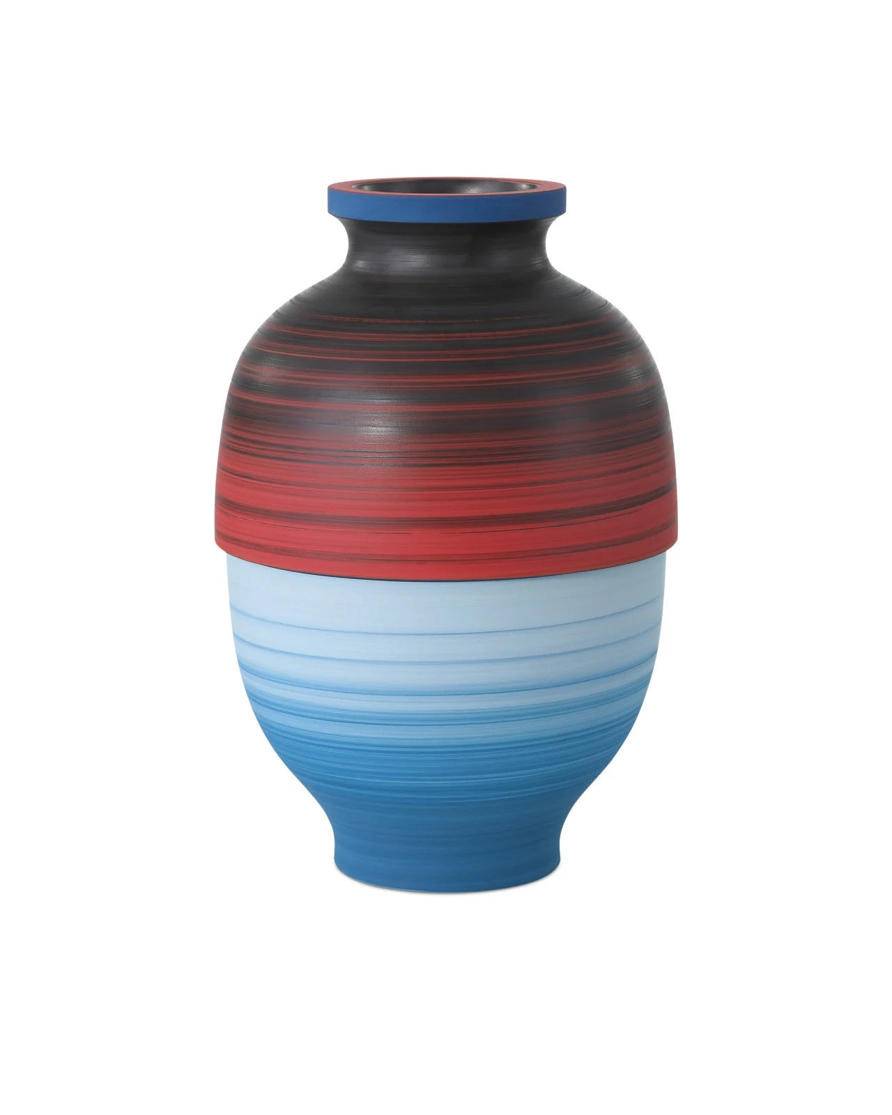 The Black/Blue/Red 80's Medium vase by Currey & Company, Inc. features bold horizontal black, red, and blue stripes—a striking porcelain accent ideal for vibrant home decor.