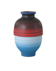 The Black/Blue/Red 80's Medium vase by Currey & Company, Inc. features bold horizontal black, red, and blue stripes—a striking porcelain accent ideal for vibrant home decor.