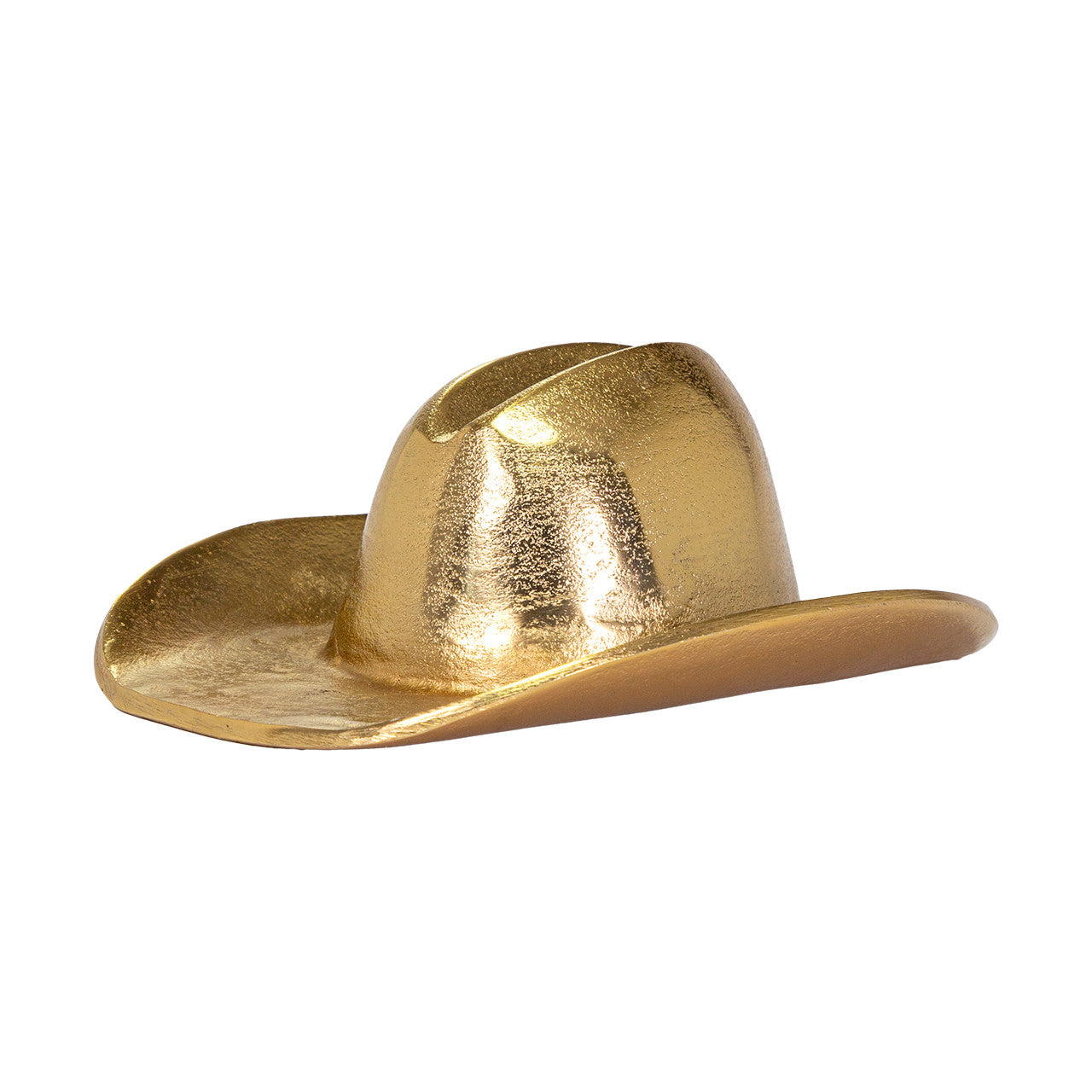 The Import Collection's Westin Hat is a shiny gold cowboy hat sculpture with a wide brim and creased crown, shown in profile against a white background—an eye-catching gold accent for unique Western décor.