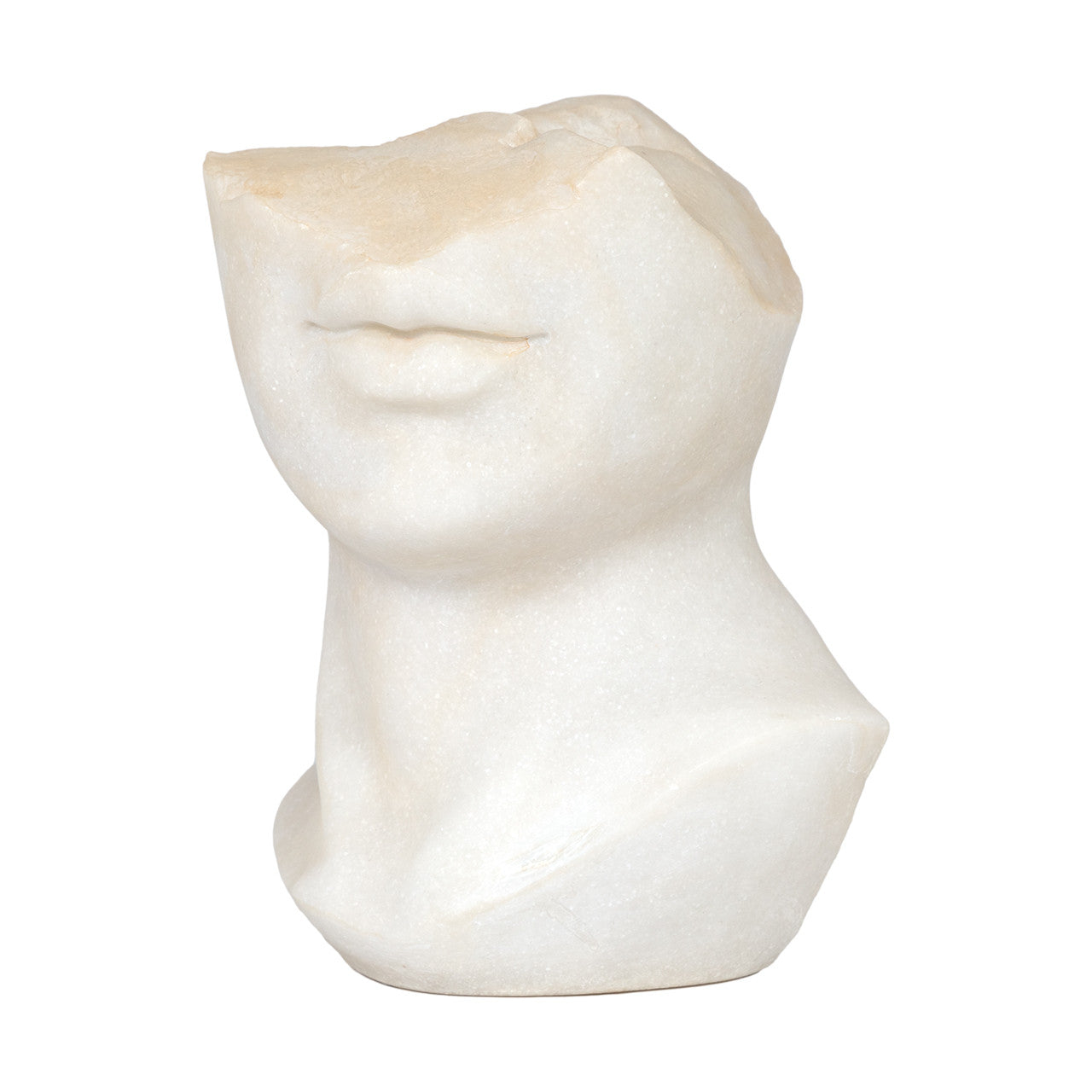 The Aurelia Sculpture by The Import Collection features a white marble head and neck with only the lower face, lips, chin, and part of the shoulders visible. Its broken top creates a modern piece with a timeless, classical fragmented look.