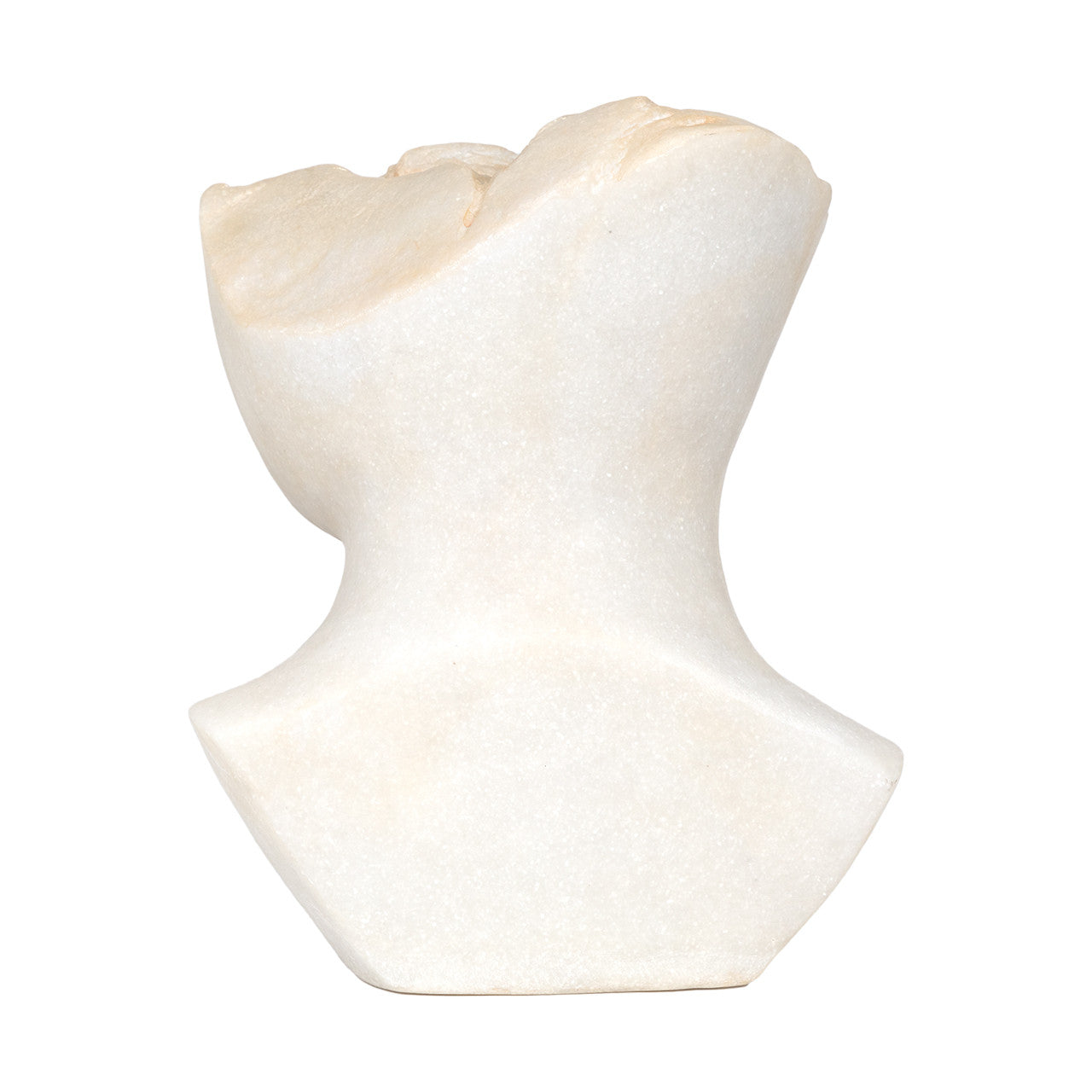 The Aurelia Sculpture by The Import Collection features a smooth, abstract white marble form with a rounded top, irregular surface, and wide angular base, displayed against a plain white background.