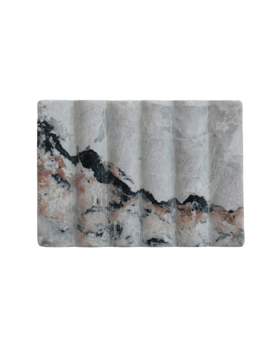 The Creative Co-op Carved Marble Soap Dish is a sophisticated bathroom accessory with a wavy, ribbed surface and natural stone patterns in gray, black, and hints of orange.