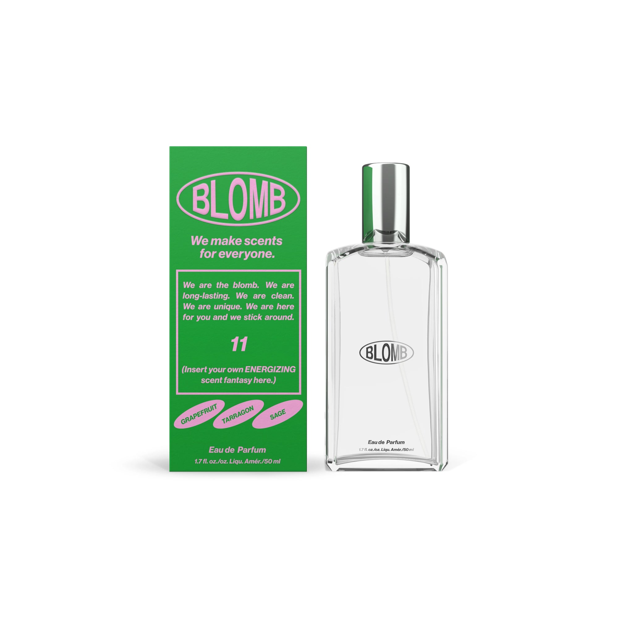 A clear rectangular Blomb Eau de Parfum bottle by Faire stands beside a green box with pink and white text: "We make scents for everyone," describing this energizing, unisex, and uniquely exotic fragrance blend.