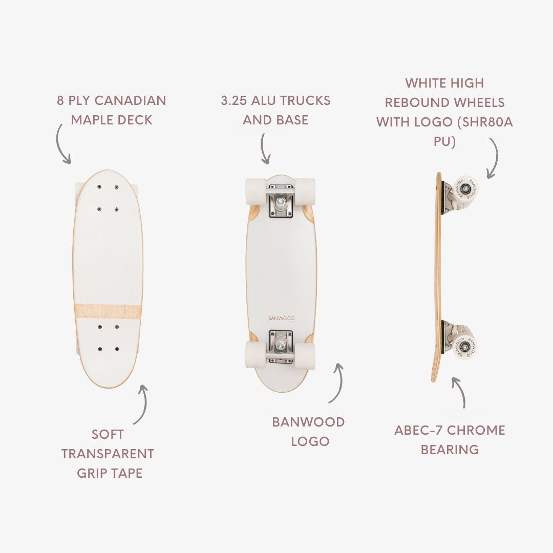 The Faire Vintage Skateboard with a white deck and wood edges is shown from top, side, and bottom views. Callouts highlight its 8-ply Canadian maple deck, soft transparent grip tape, aluminum trucks, high-rebound wheels, and chrome bearings.
