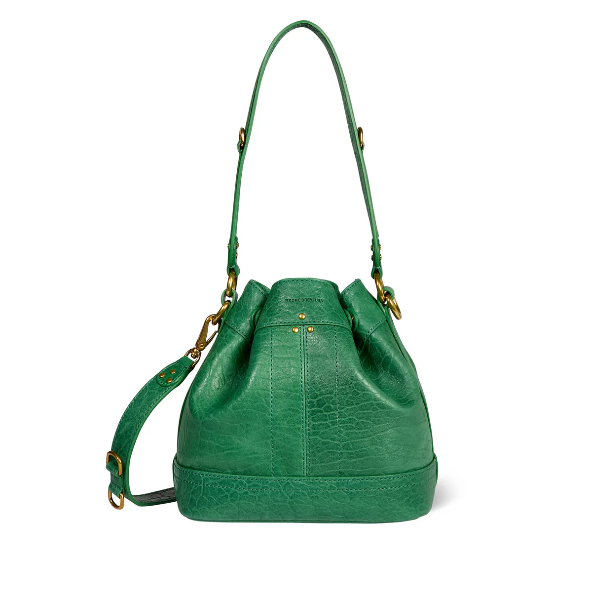 Jerome Dreyfuss's Ben Small Bucket is a vibrant green calfskin bag with a textured pattern, featuring gold hardware, a cinched top closure, and an adjustable leather shoulder strap with a detachable side strap.