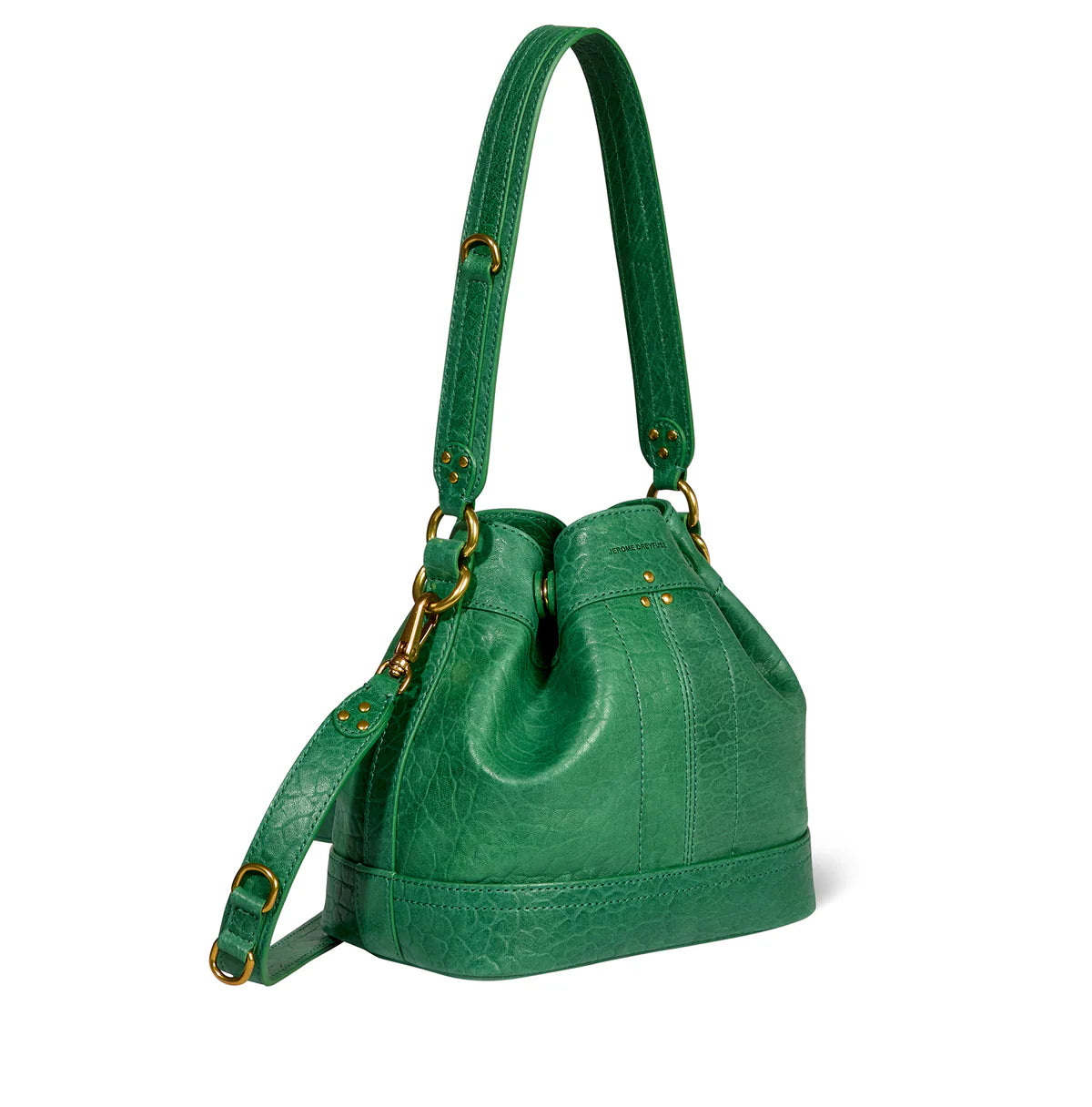 Against a plain white backdrop, the Jerome Dreyfuss Ben Small Bucket bag in green leather boasts a structured silhouette with calfskin texture, complemented by gold accents and a detachable shoulder strap.