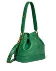 Against a plain white backdrop, the Jerome Dreyfuss Ben Small Bucket bag in green leather boasts a structured silhouette with calfskin texture, complemented by gold accents and a detachable shoulder strap.