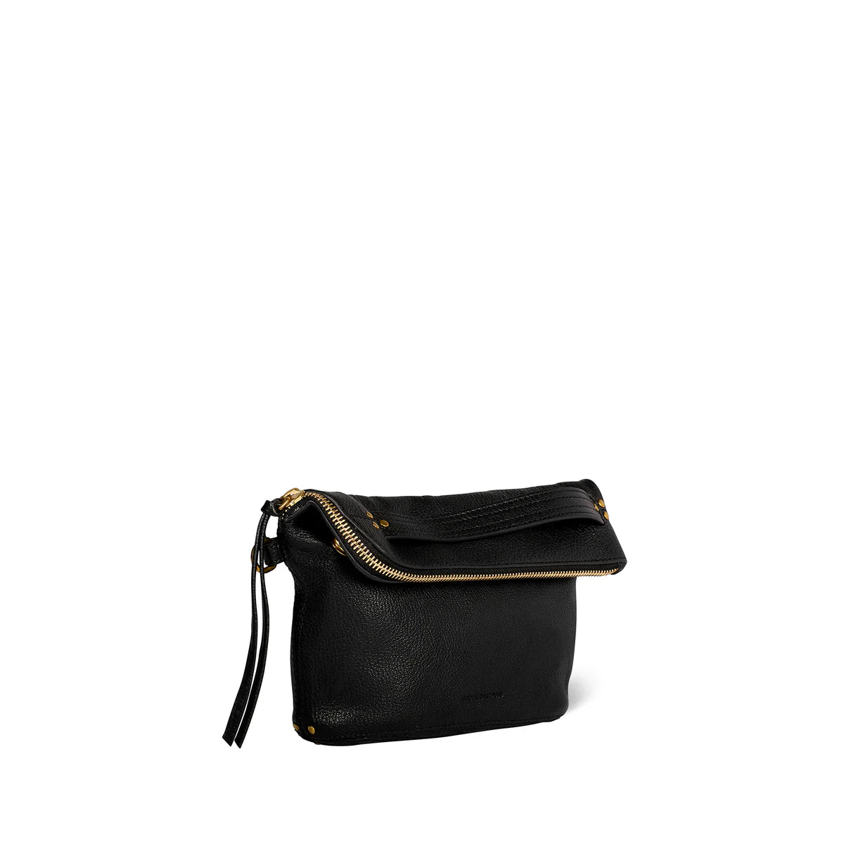 The Lucky Pochette by Jerome Dreyfuss is a black goatskin leather handbag with a fold-over design and visible zipper. It features subtle stitching, gold-tone hardware, a shoulder strap, and a decorative black leather tassel on the zipper pull for a sleek, minimalist look.