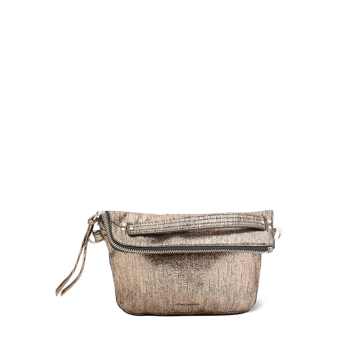 The Jerome Dreyfuss Lucky Pochette is a small metallic goatskin leather crossbody bag featuring a textured surface, zipper closure, front zipper pocket, and wristlet strap. It is elegantly displayed against a plain white background.