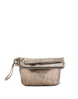 The Jerome Dreyfuss Lucky Pochette is a small metallic goatskin leather crossbody bag featuring a textured surface, zipper closure, front zipper pocket, and wristlet strap. It is elegantly displayed against a plain white background.