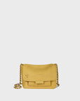 The Lulu Small Bag by Jerome Dreyfuss is a yellow crossbody with subtle stitching, a small top logo, and a sophisticated water-repellent finish. It has a flap closure and a gold leather-and-chain shoulder strap, set against a plain white background.