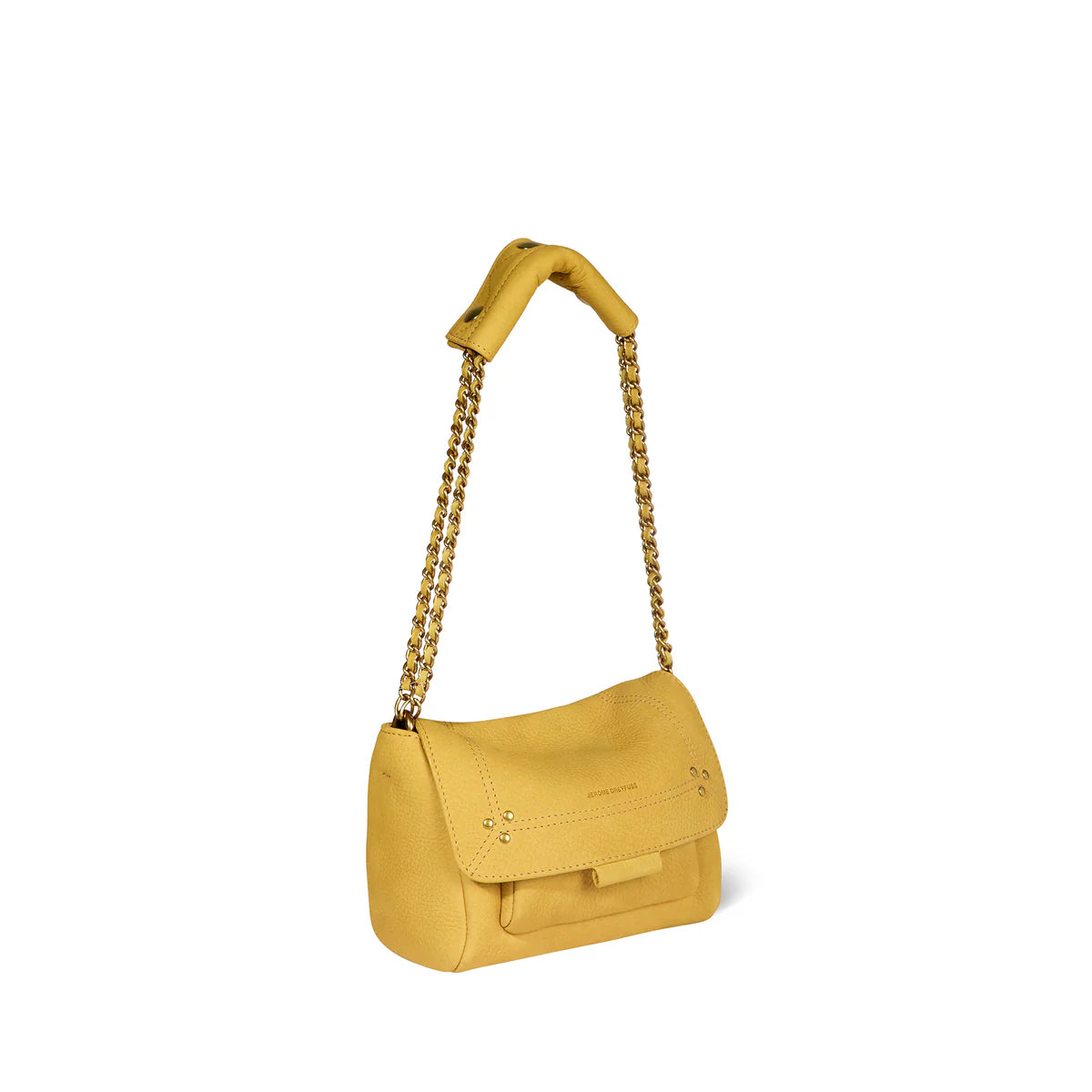 The Lulu Small Bag by Jerome Dreyfuss is a mustard yellow mini messenger featuring a flap closure and an elegant gold chain strap.