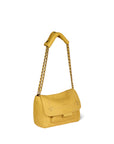 The Lulu Small Bag by Jerome Dreyfuss is a mustard yellow mini messenger featuring a flap closure and an elegant gold chain strap.