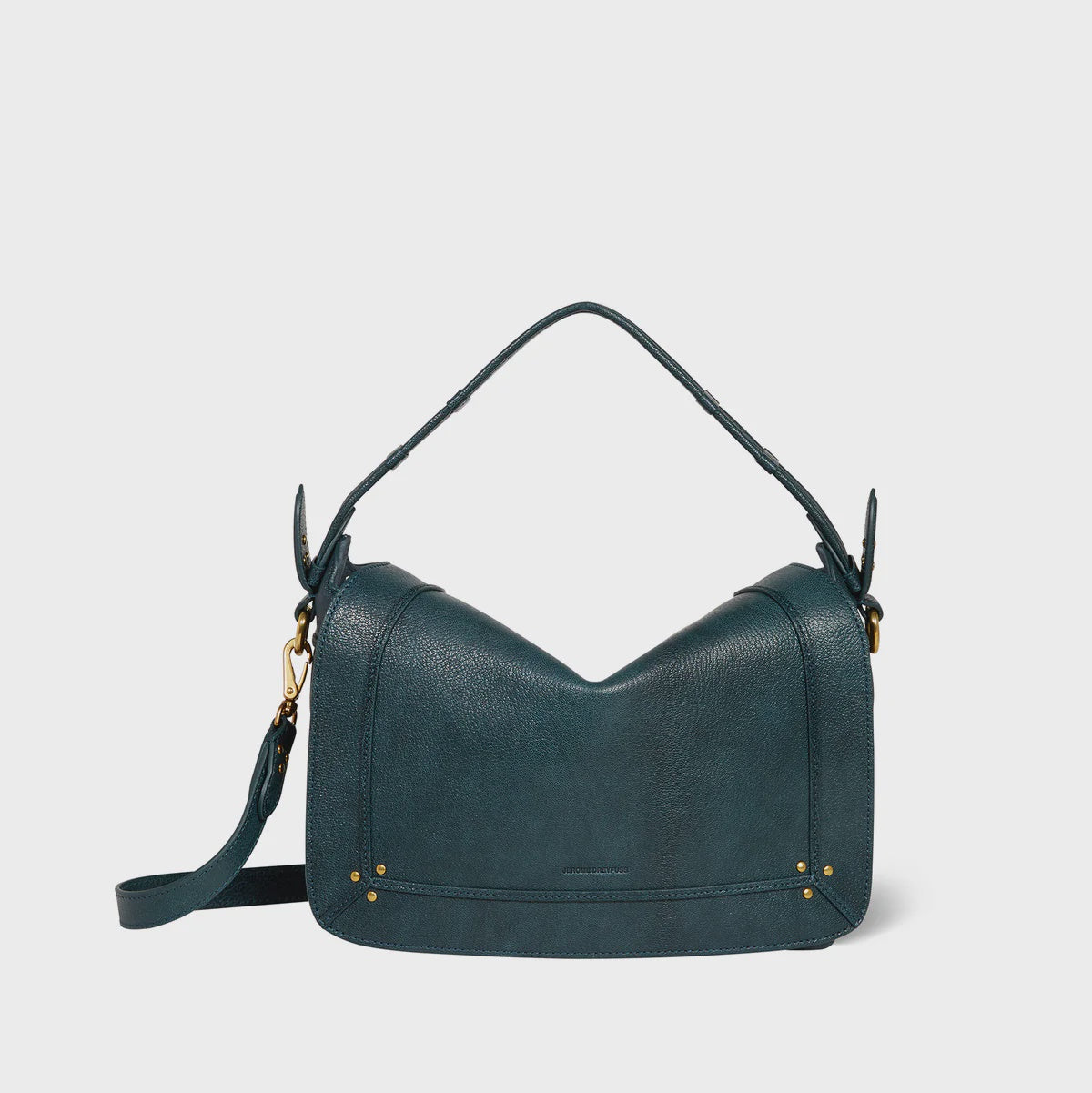 The Pepito Medium Bag by Jerome Dreyfuss is a stylish dark green leather shoulder bag with a curved design, featuring a quilted leather handle and an adjustable removable strap. It has gold-tone hardware, including rivets and a clasp, set against a plain white background.