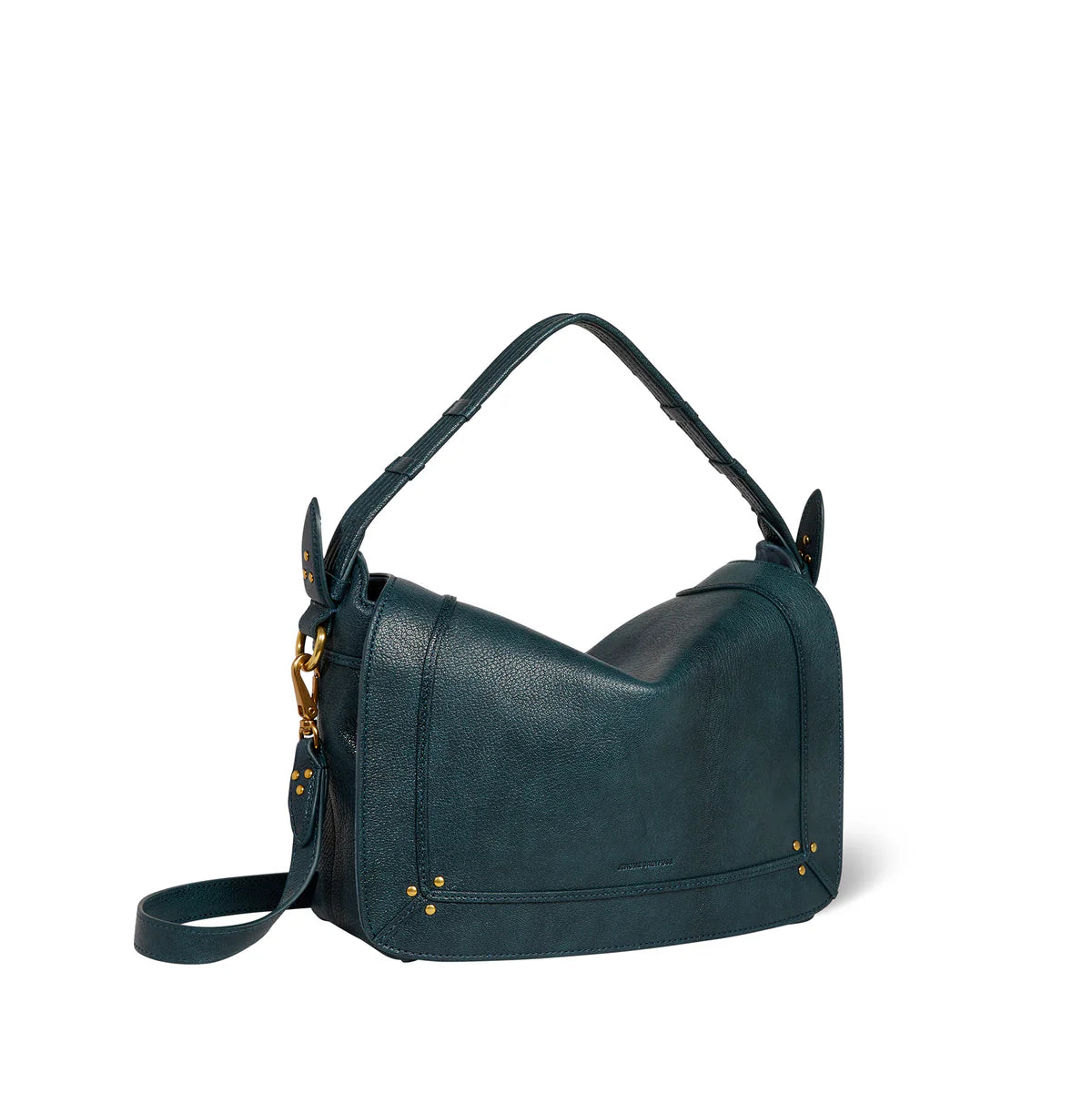 The Pepito Medium Bag by Jerome Dreyfuss is a dark green leather shoulder bag with a structured, angular shape. It features a quilted handle, adjustable strap, and elegant gold-tone hardware with studs and side clasp that enhance its minimalist, modern design.