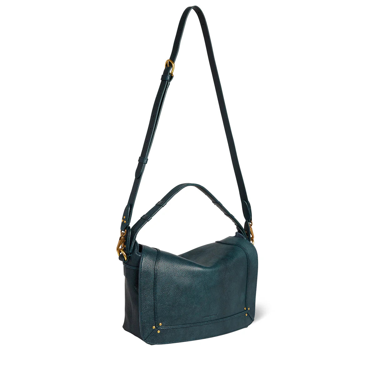 The Pepito Medium Bag by Jerome Dreyfuss is a chic dark green leather shoulder bag with a quilted handle, long adjustable strap, gold-tone hardware, and decorative studs on the bottom corners. Its simple, elegant design makes it perfect for any occasion.