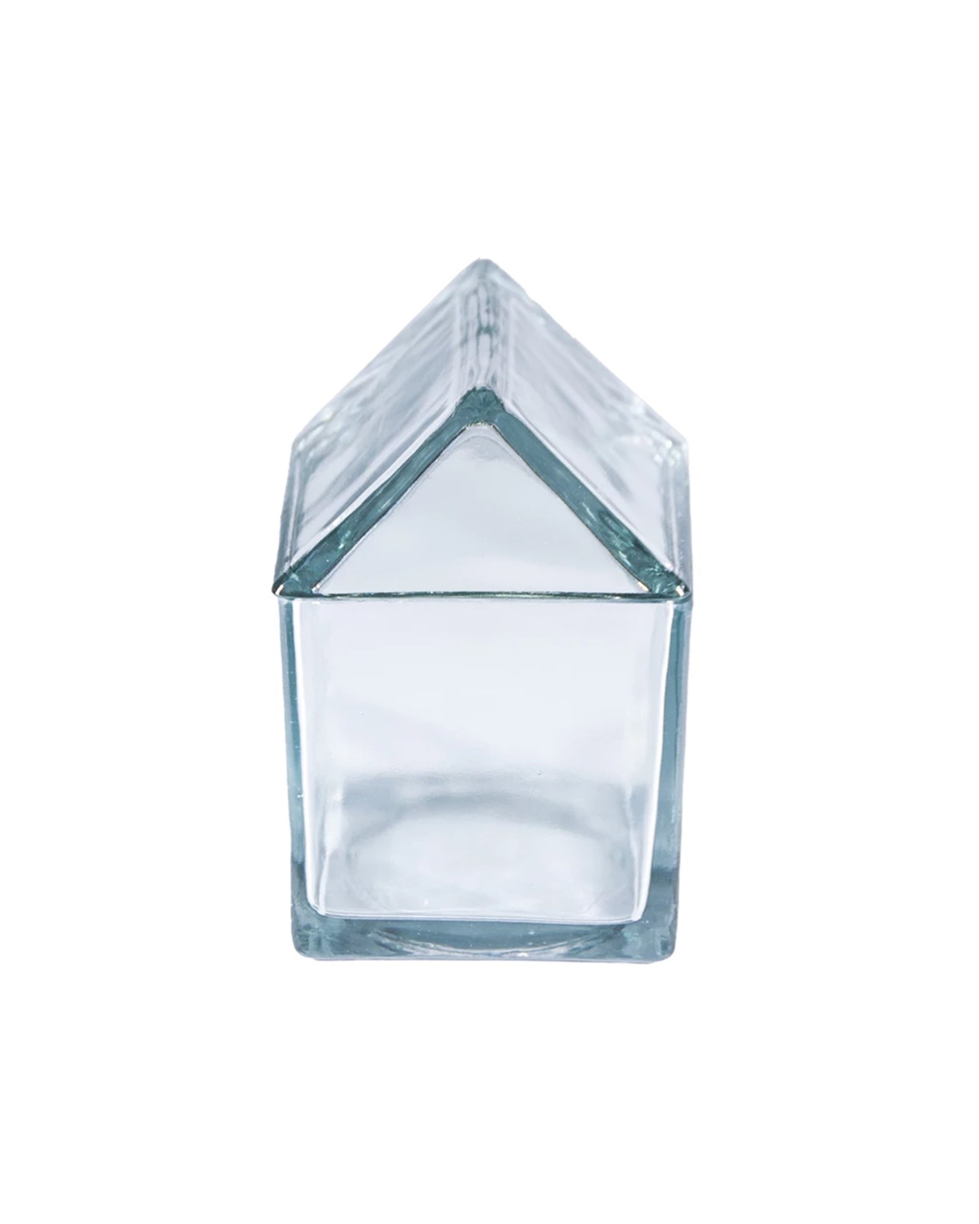 The Creative Co-op DG0272 Glass House Shaped Jar with Lid is crafted from recycled glass, featuring a pitched roof design, and is shown front-facing against a white background.