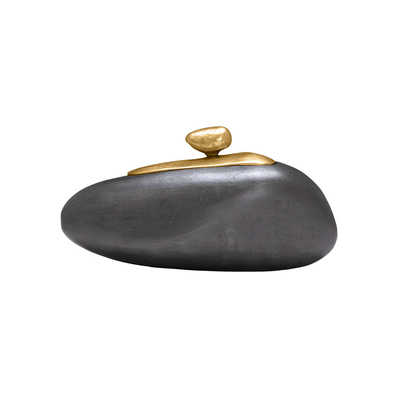 The Import Collection’s Finkle Large Box features a smooth dark stone base with two small, aluminum-like gold stones stacked on top, creating a striking decorative piece against a plain white background.