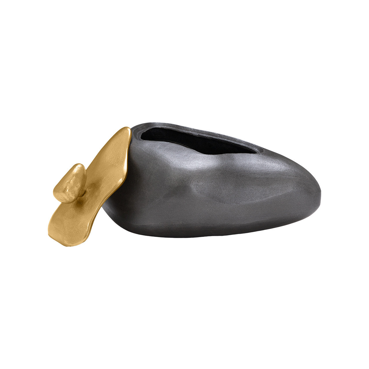 The Import Collection's Finkle Large Box is a modern, abstract decorative piece featuring a smooth dark gray form with a gold petal-shaped accent, displayed elegantly against a plain white background.