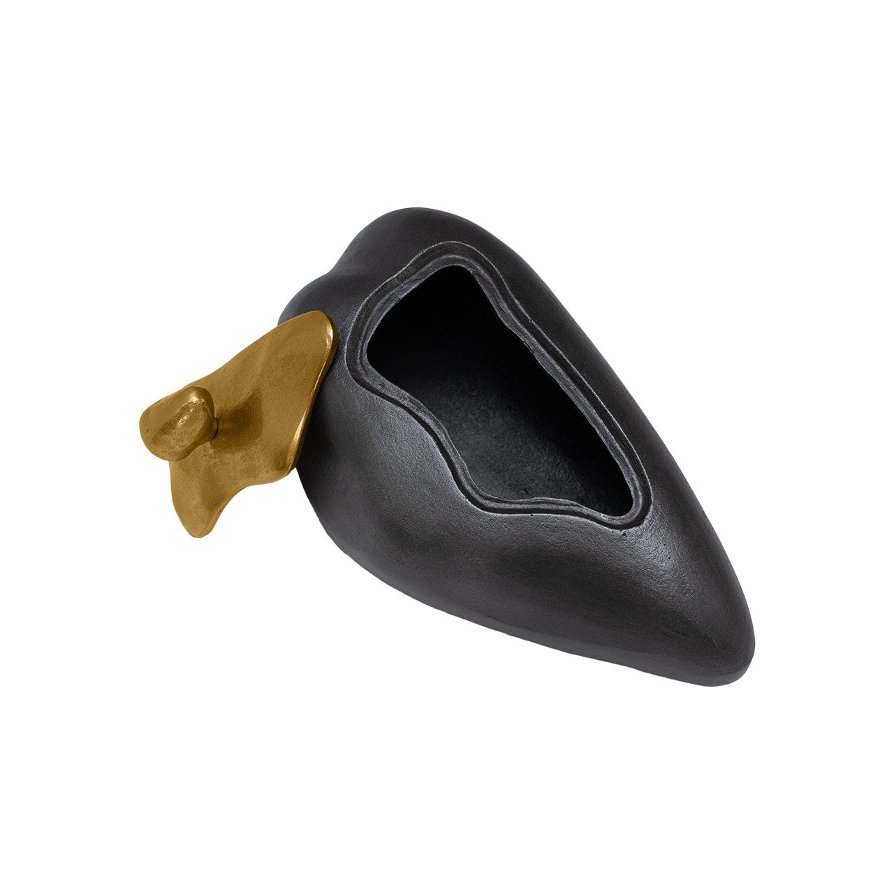 The Import Collection’s Finkle Large Box is a black sculptural aluminum container featuring a gold wing-like accent on one side and an open top, shown against a white background—ideal as a decorative piece.