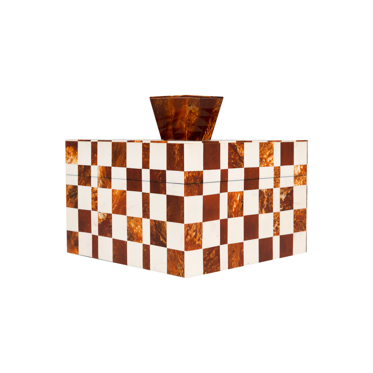 The Import Collection’s Camiro Short Box features a rectangular design with a white and amber-brown checkerboard pattern and a matching geometric handle, shown against a white background.