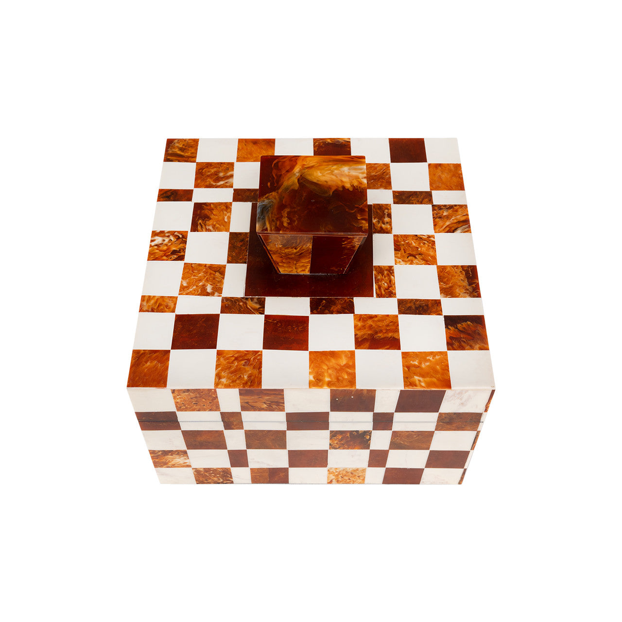 The Import Collection's Camiro Short Box features a brown and white checkerboard design and a matching lid with a raised geometric handle—stylish decorative storage for any space.