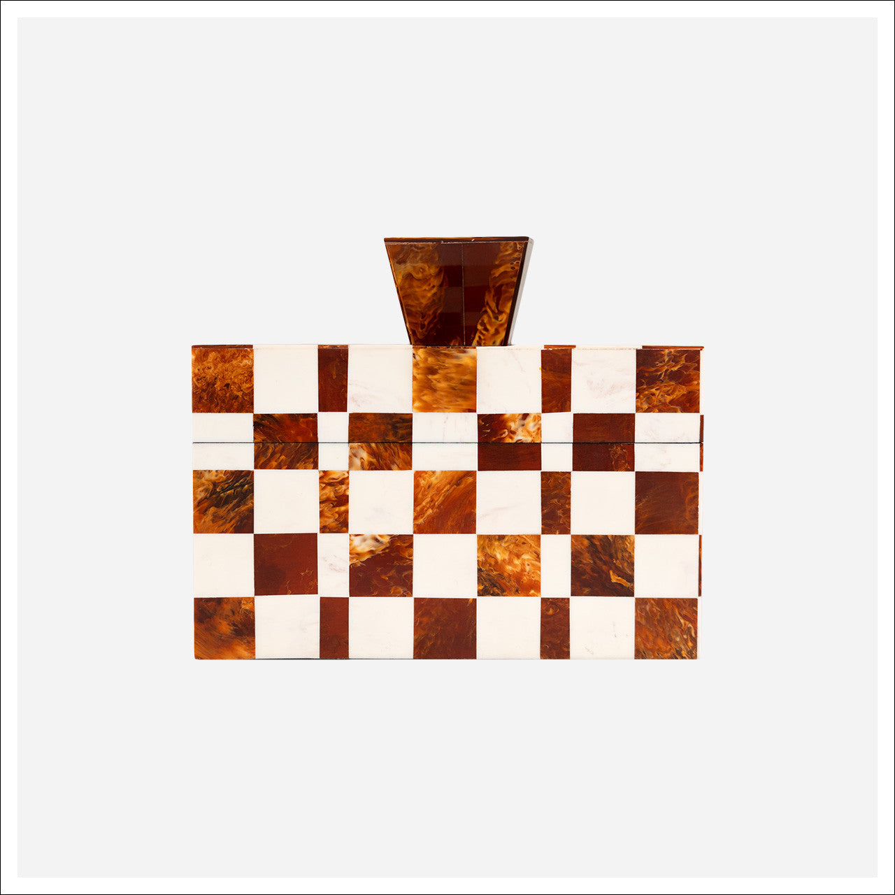 The Camiro Short Box by The Import Collection features a brown and white checkerboard design with a triangular clasp, displayed on a plain white background.