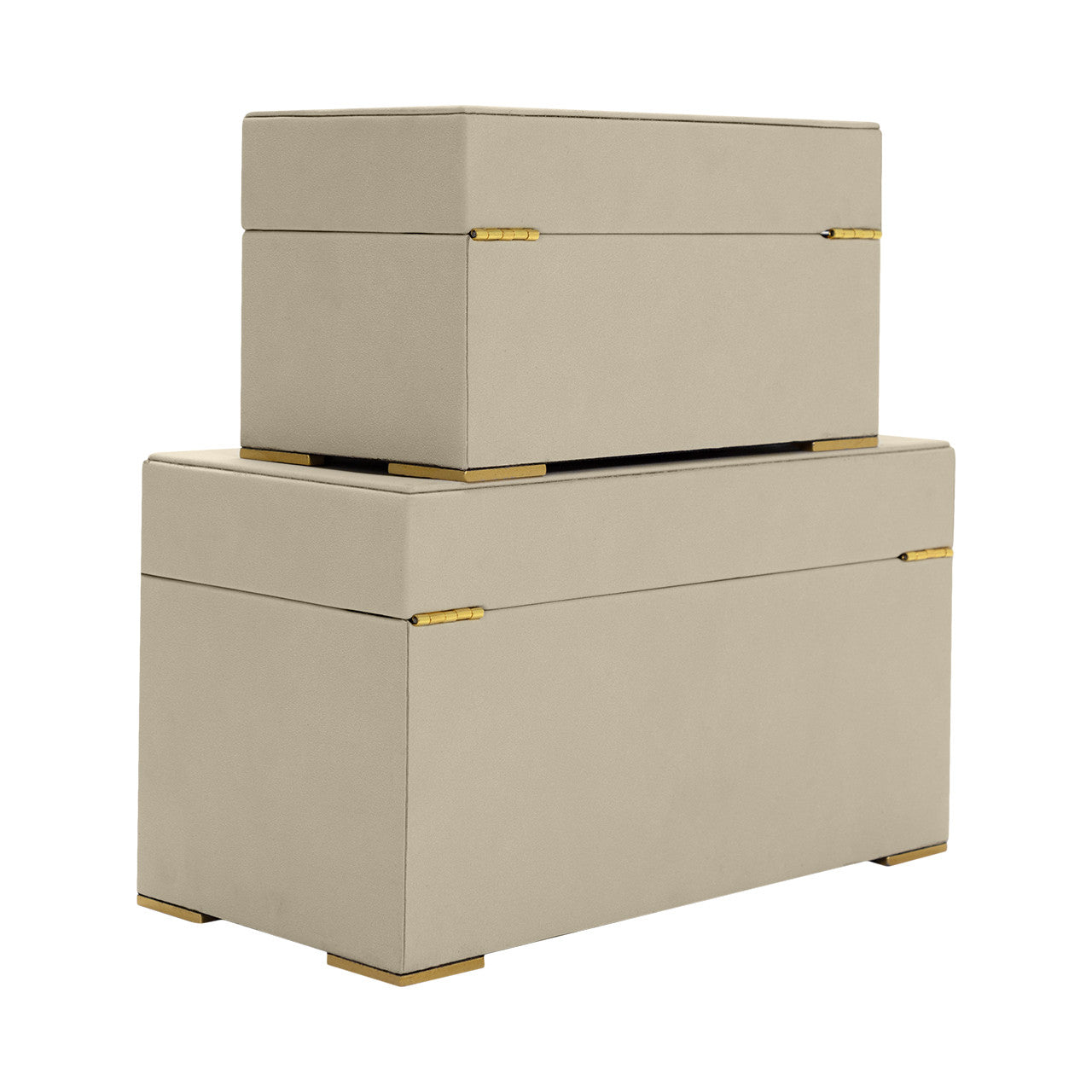 The Import Collection's Ramato Boxes feature two beige modern storage boxes, one smaller stacked on a larger one, both with gold corner accents and short legs, serving as decorative storage against a white background.
