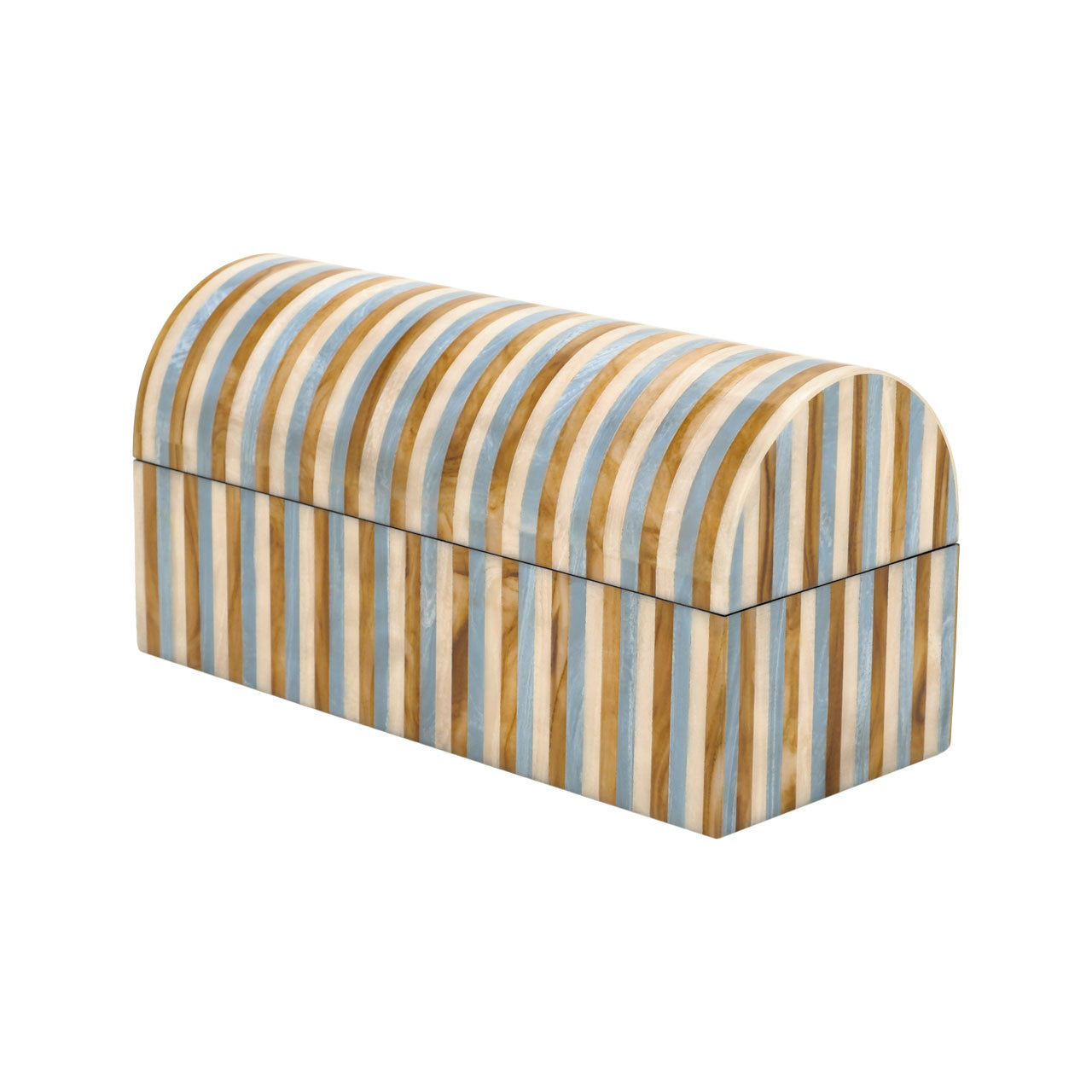 The Daxton Box by The Import Collection is a rectangular, dome-lidded box (14"L x 6"W x 7.5"H) with vertical blue, beige, and light brown stripes on a white background.
