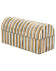 The Daxton Box by The Import Collection is a rectangular, dome-lidded box (14"L x 6"W x 7.5"H) with vertical blue, beige, and light brown stripes on a white background.