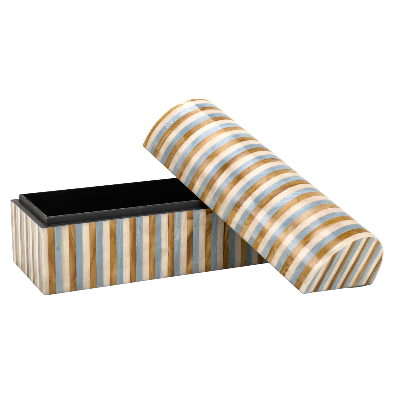 The Daxton Box by The Import Collection is a rectangular box (14L x 6W x 7.5H) with vertical gold, white, and gray stripes. Its hinged lid is partially open to reveal a black interior.