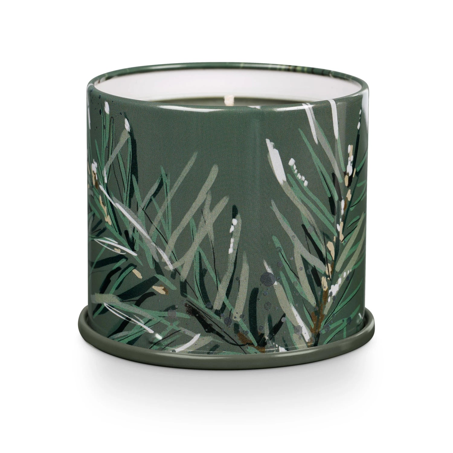 The Vanity Tin Candle by Creative Co-op features a green finish with a delicate pine branch design, exuding the fragrant charm of Balsam & Cedar. Its single wick is set against a plain white background, capturing nature's essence in an elegant form.