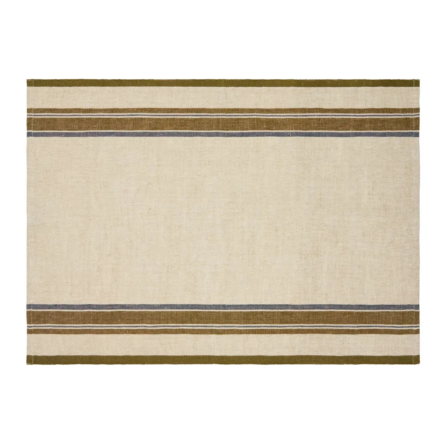 The CH Tea Towels S/2 by Faire feature a rectangular beige design with two sets of parallel olive green and gray stripes near the edges, evoking French country tea towels and leaving the center plain.