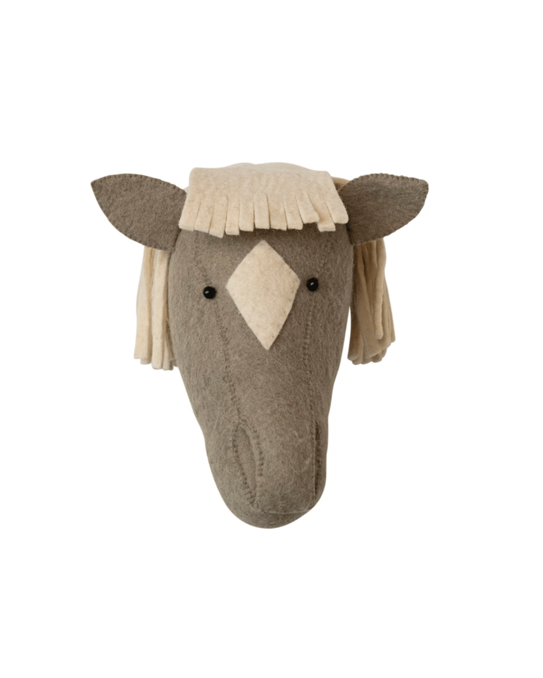 A whimsical wall-mounted felt horse sculpture of a deer head, stylized with simplified features, including fabric ears and hair, against a white background, perfect for a Scottsdale Arizona bungalow by Creative Co-op.