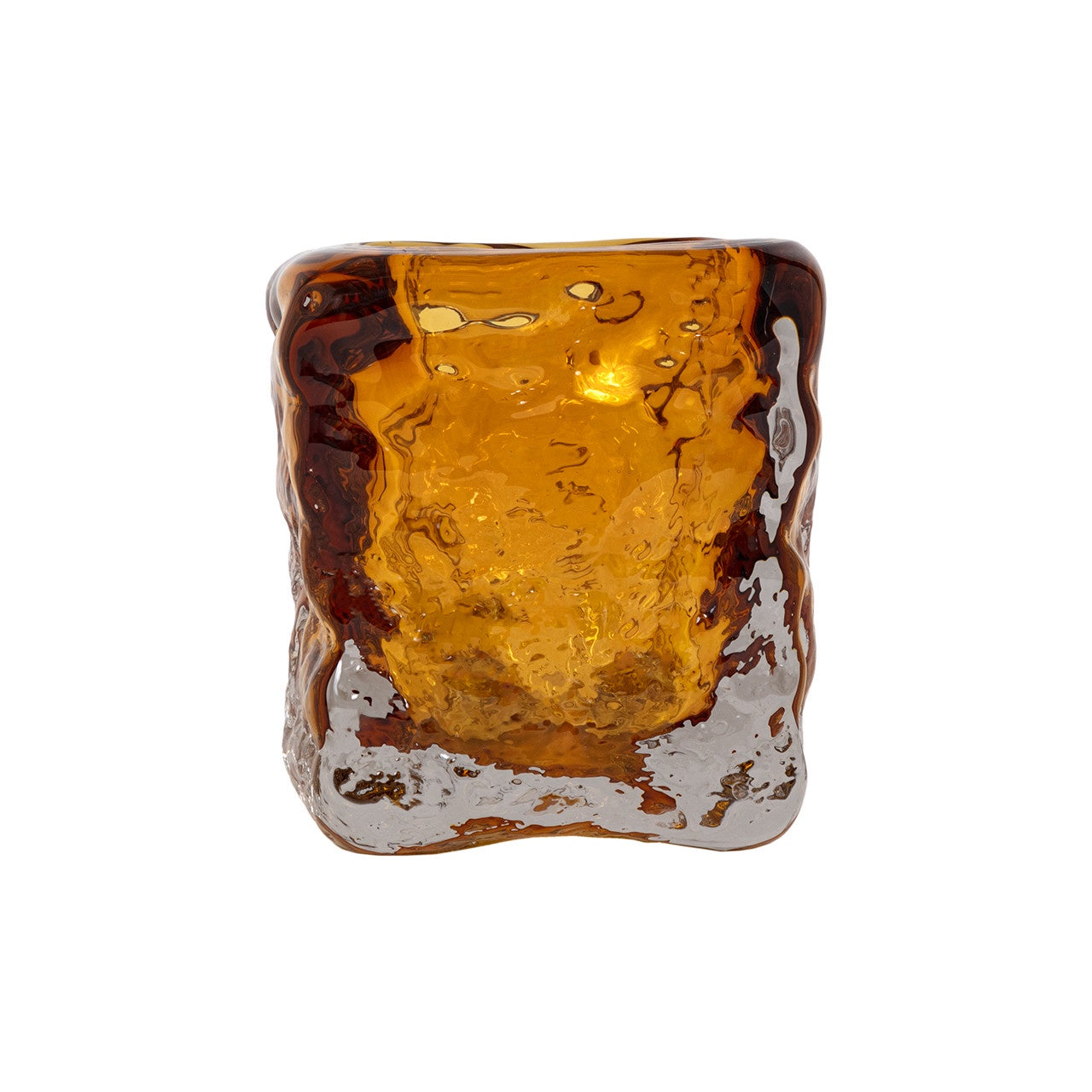 The 49-704 bryson Vase by The Import Collection features an amber art glass design with a textured surface and irregular, wavy cylindrical shape, showcased against a plain white background.