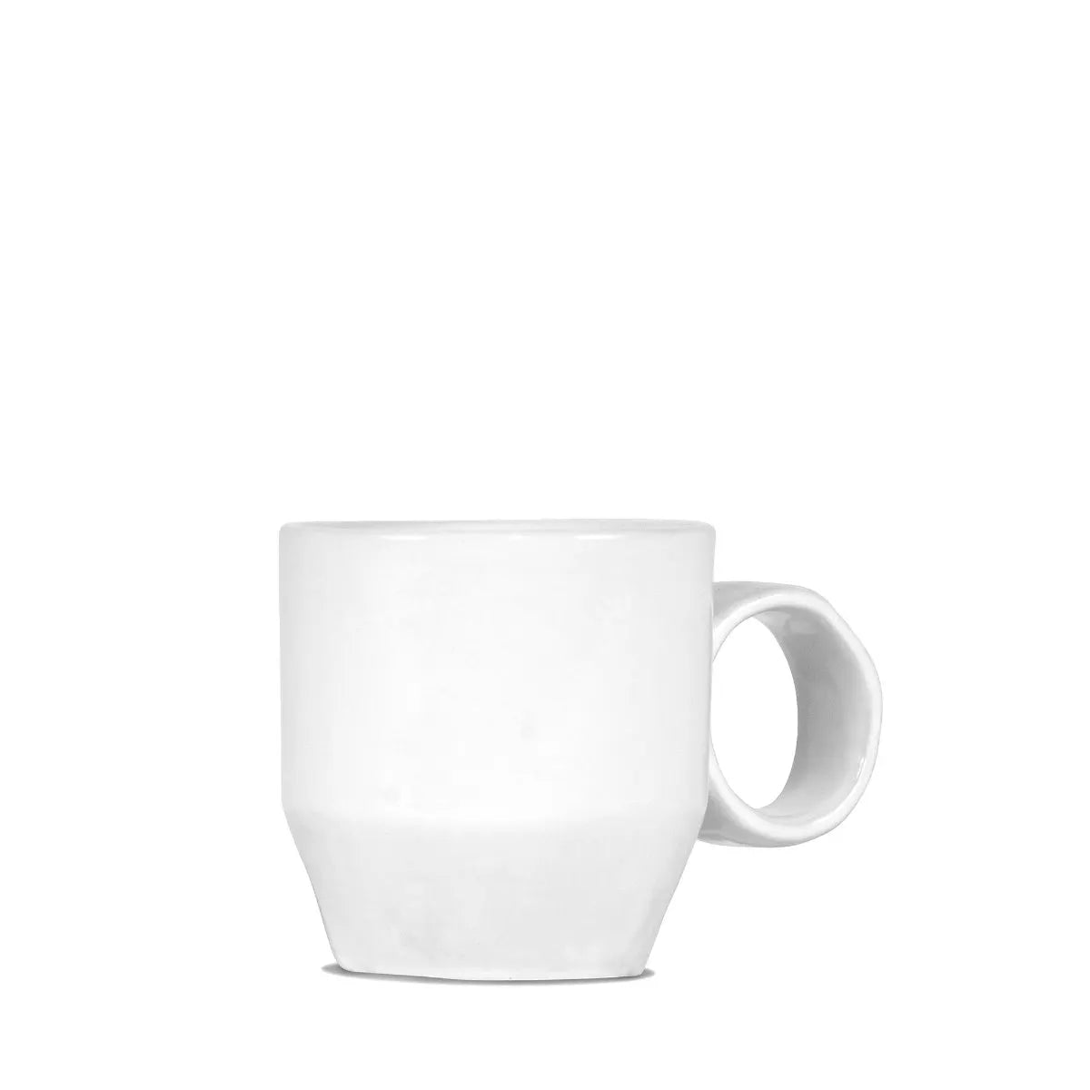 The Montes Doggett Mug No. 925 is a plain white, high-fired ceramic mug with a unique angular handle and clean, modern lines, shown against a white background.
